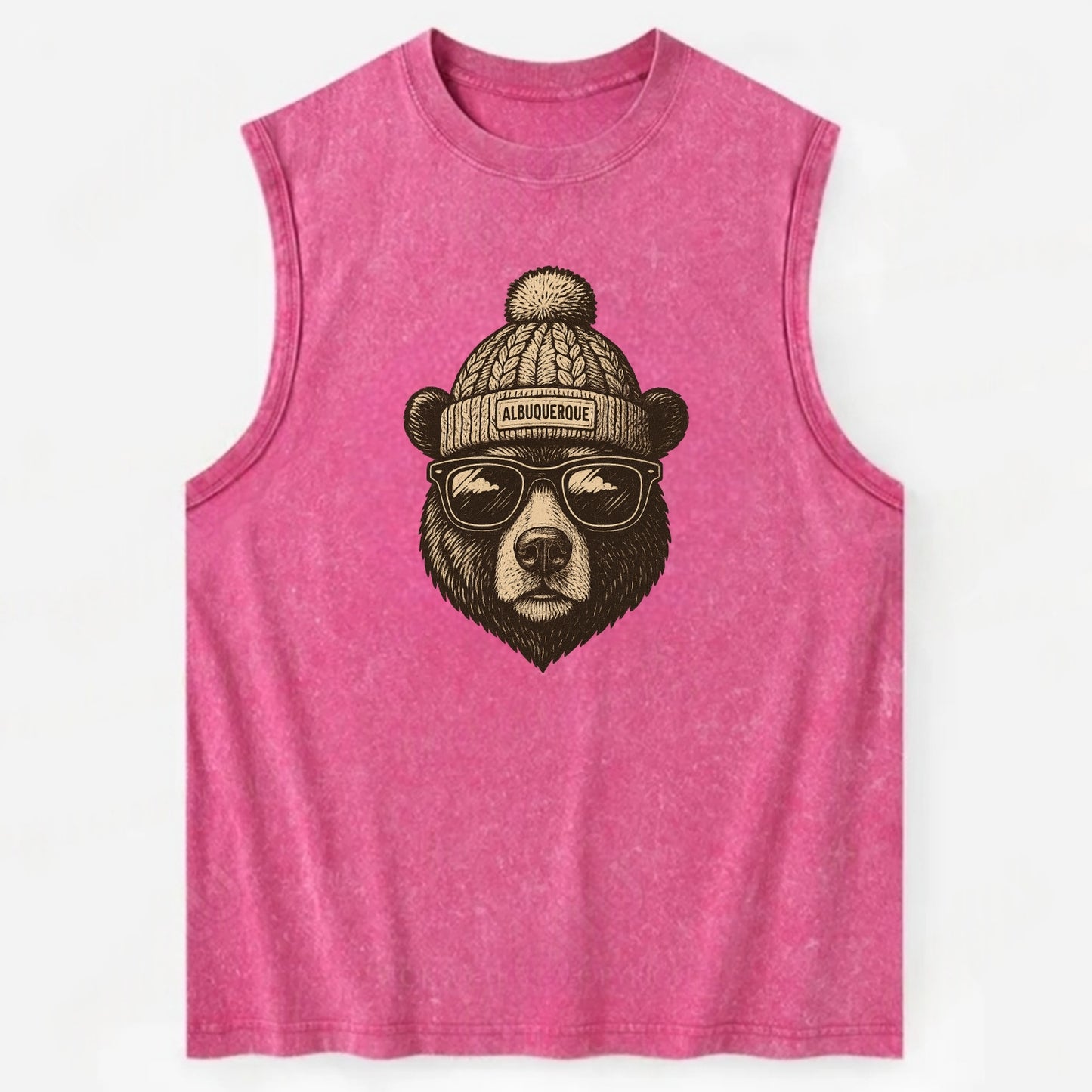 New Mexico Black Bear wearing Albuquerque beanie with pom pom and wayfarer - Vintage Washed Tank - Pink