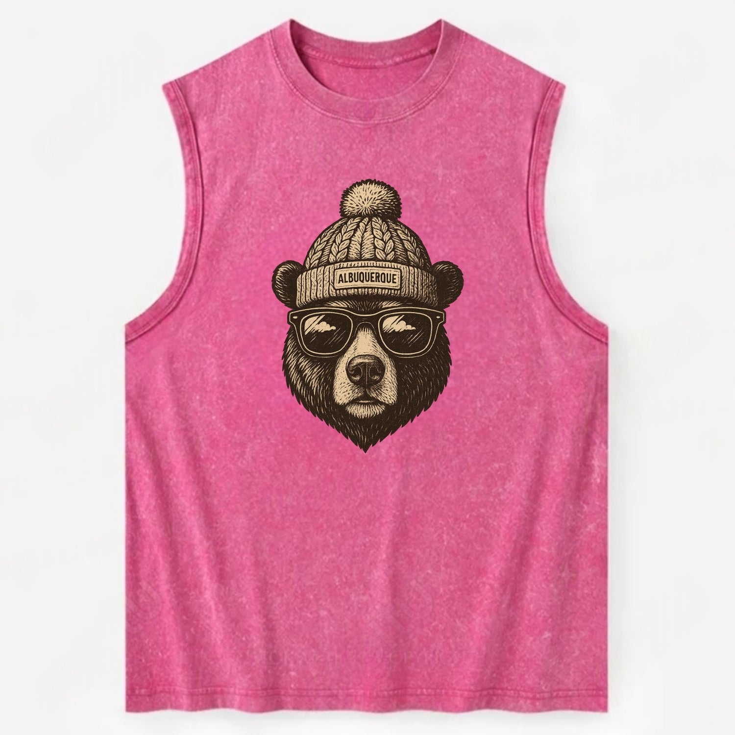 New Mexico Black Bear wearing Albuquerque beanie with pom pom and wayfarer - Vintage Washed Tank - Pink
