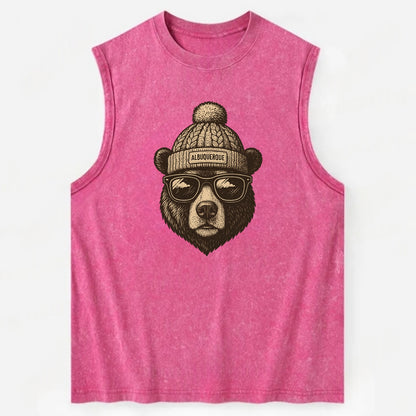 New Mexico Black Bear wearing Albuquerque beanie with pom pom and wayfarer - Vintage Washed Tank - Pink