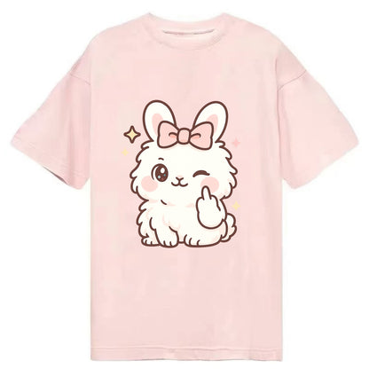 fluffy white angora rabbit with pink bow, one paw delicately flipping off - Classic T-shirt - Pink