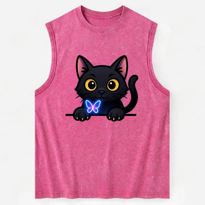 Midnight the black cat blowing a glossy bubblegum bubble while peeking. - Vintage Washed Tank - Pink