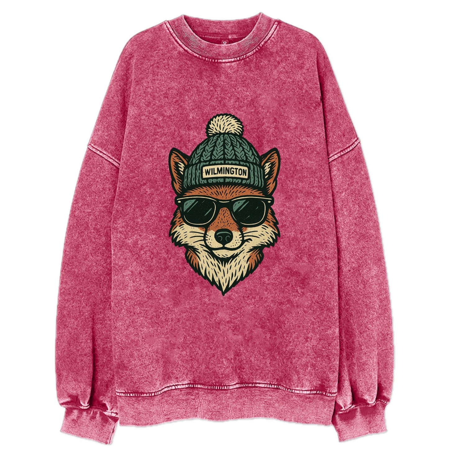 Delaware Gray Fox wearing Wilmington beanie with pom pom and wayfarer - Vintage Sweatshirt - Pink
