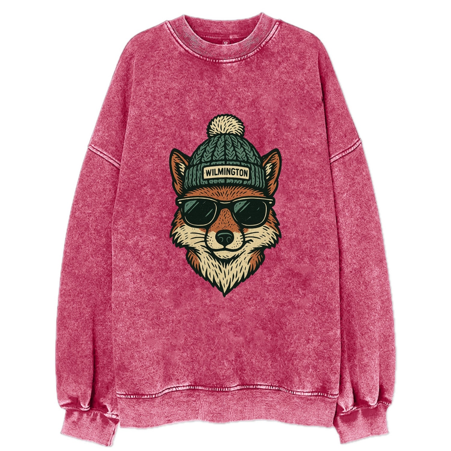 Delaware Gray Fox wearing Wilmington beanie with pom pom and wayfarer - Vintage Sweatshirt - Pink