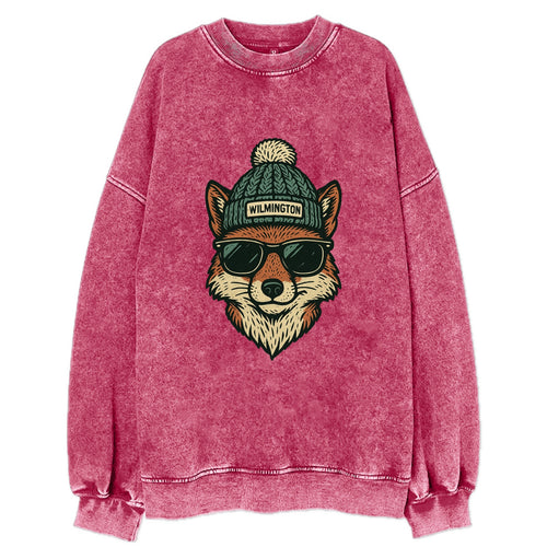 Delaware Gray Fox wearing Wilmington beanie with pom pom and wayfarer - Vintage Sweatshirt