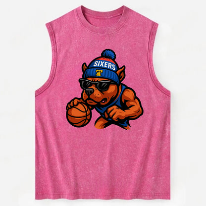 Philly Pitbull wearing Sixers beanie with Liberty Bell and wayfarer sunglasses - Vintage Washed Tank - Pink