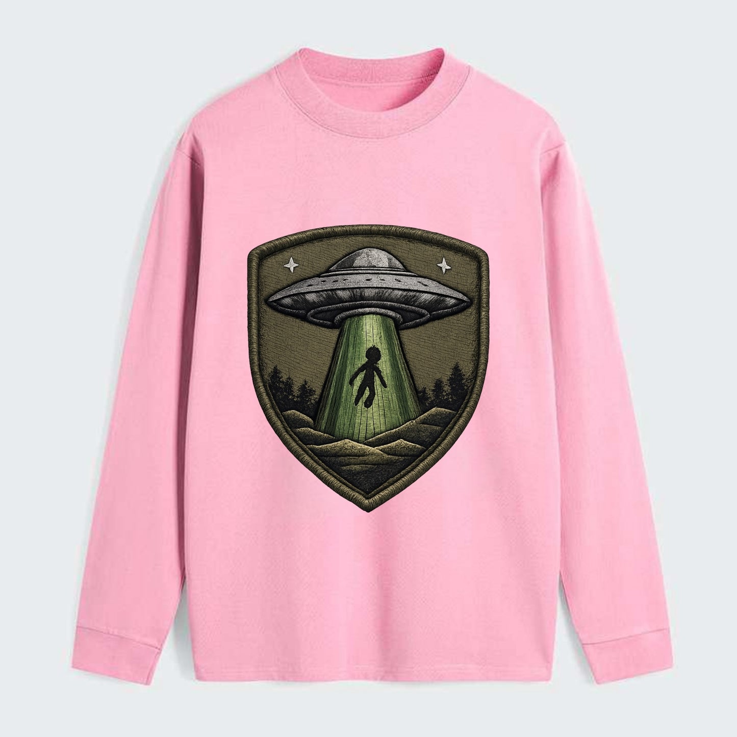 UFO ALIEN - flying saucer with beam in silver and green , - Classic Long Sleeve Shirt - Pink