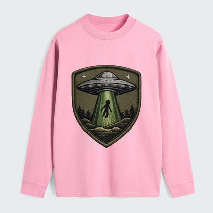 UFO ALIEN - flying saucer with beam in silver and green , - Classic Long Sleeve Shirt - Pink