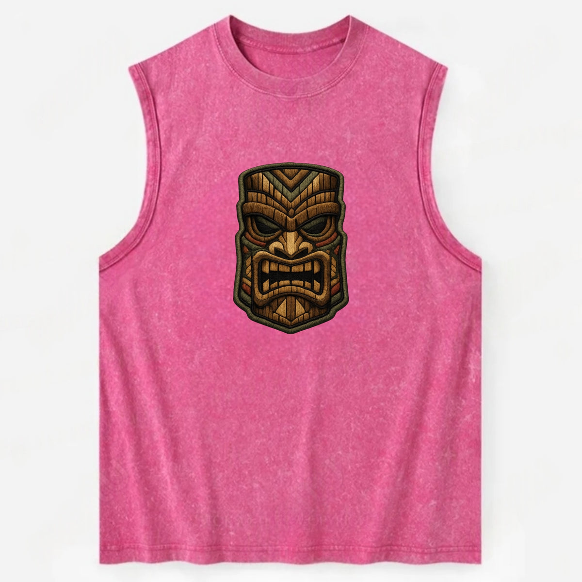 TIKI MASK - carved totem in brown and red , Polynesian - Vintage Washed Tank - Pink