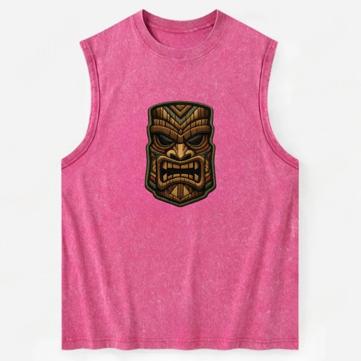 TIKI MASK - carved totem in brown and red , Polynesian - Vintage Washed Tank - Pink