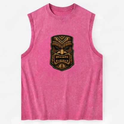 TIKI MASK - carved totem in brown and red , Polynesian - Vintage Washed Tank - Pink