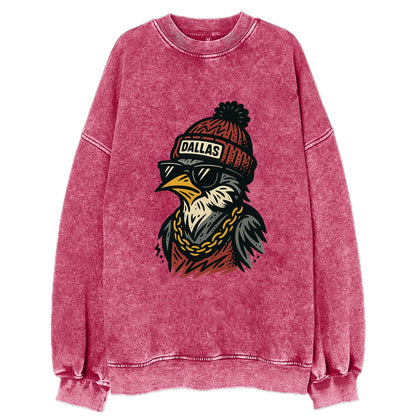 Dallas Mockingbird wearing Dallas beanie with pom pom and wayfarer sunglasses - Vintage Sweatshirt - Pink