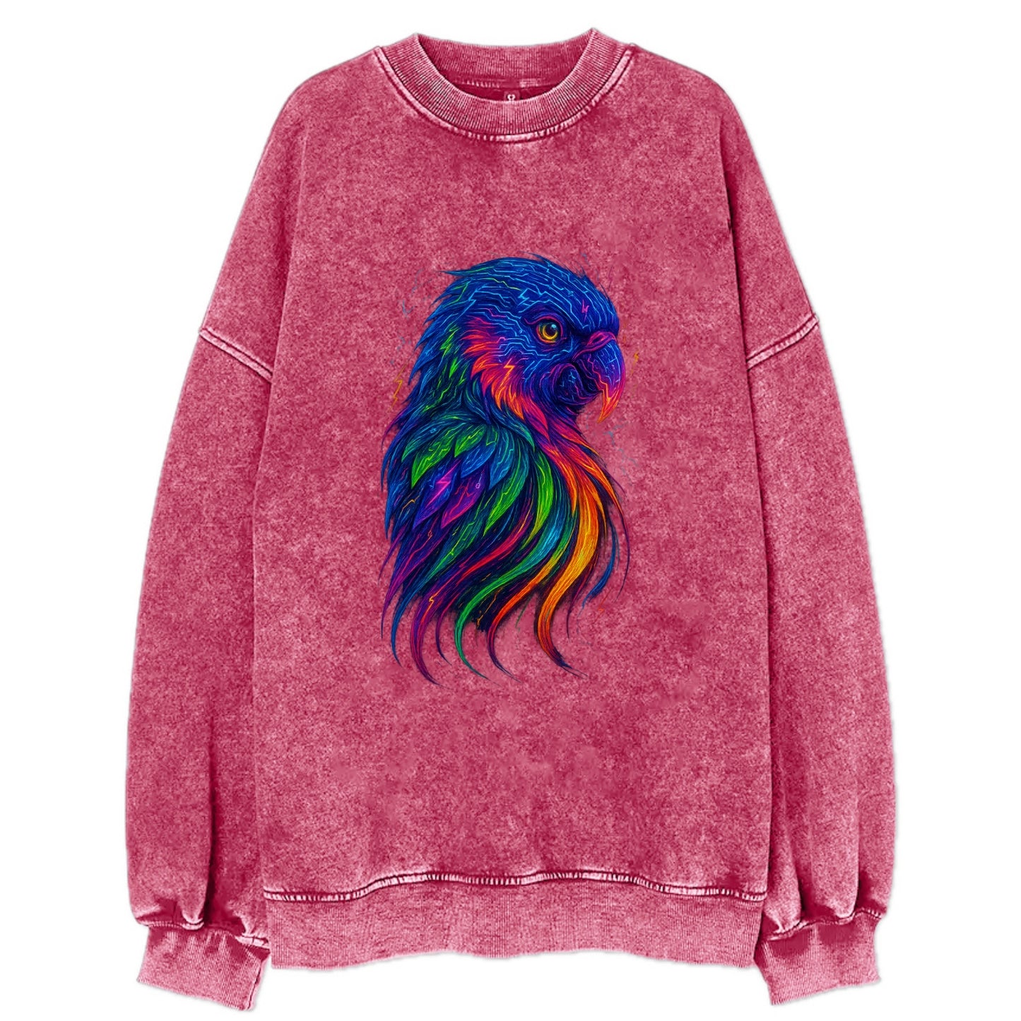 Vibrant parrot with feathers flowing into tropical rainbow streams, every - Vintage Sweatshirt - Pink