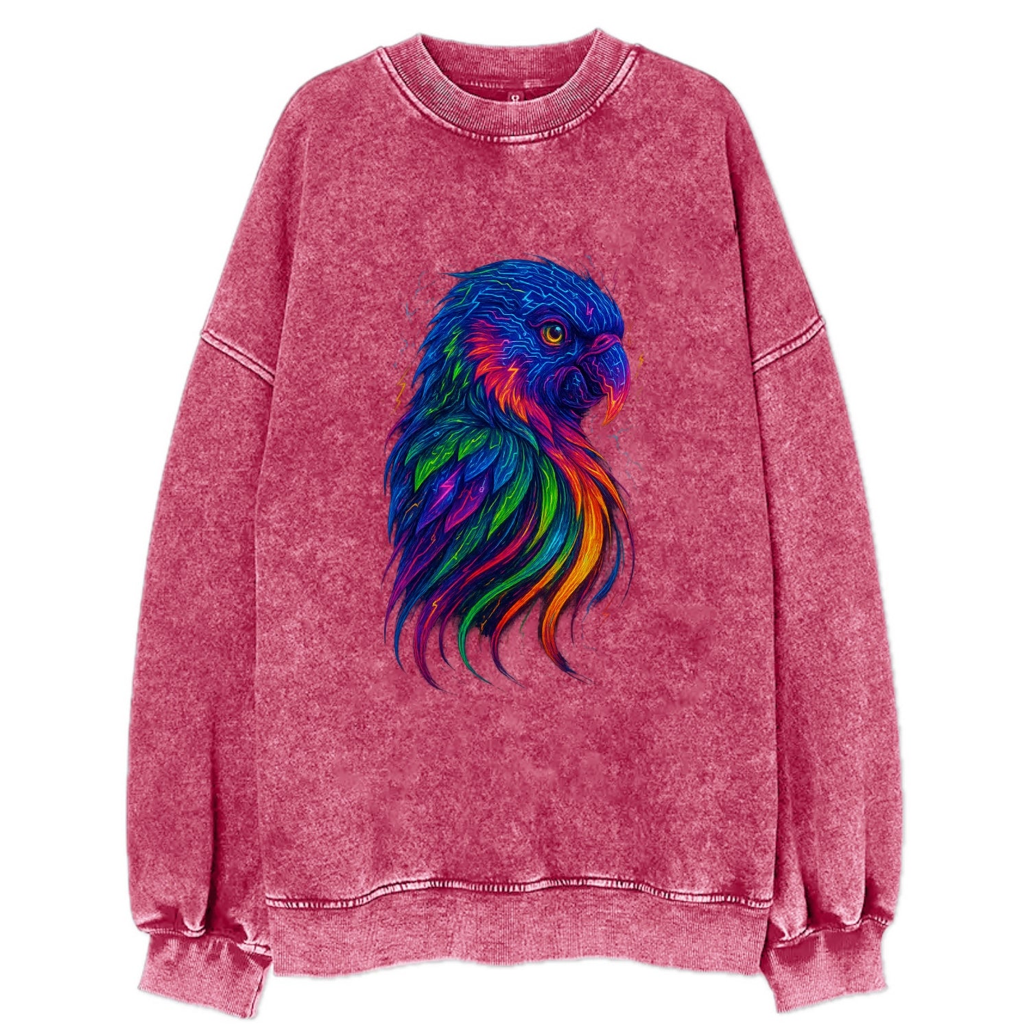 Vibrant parrot with feathers flowing into tropical rainbow streams, every - Vintage Sweatshirt - Pink