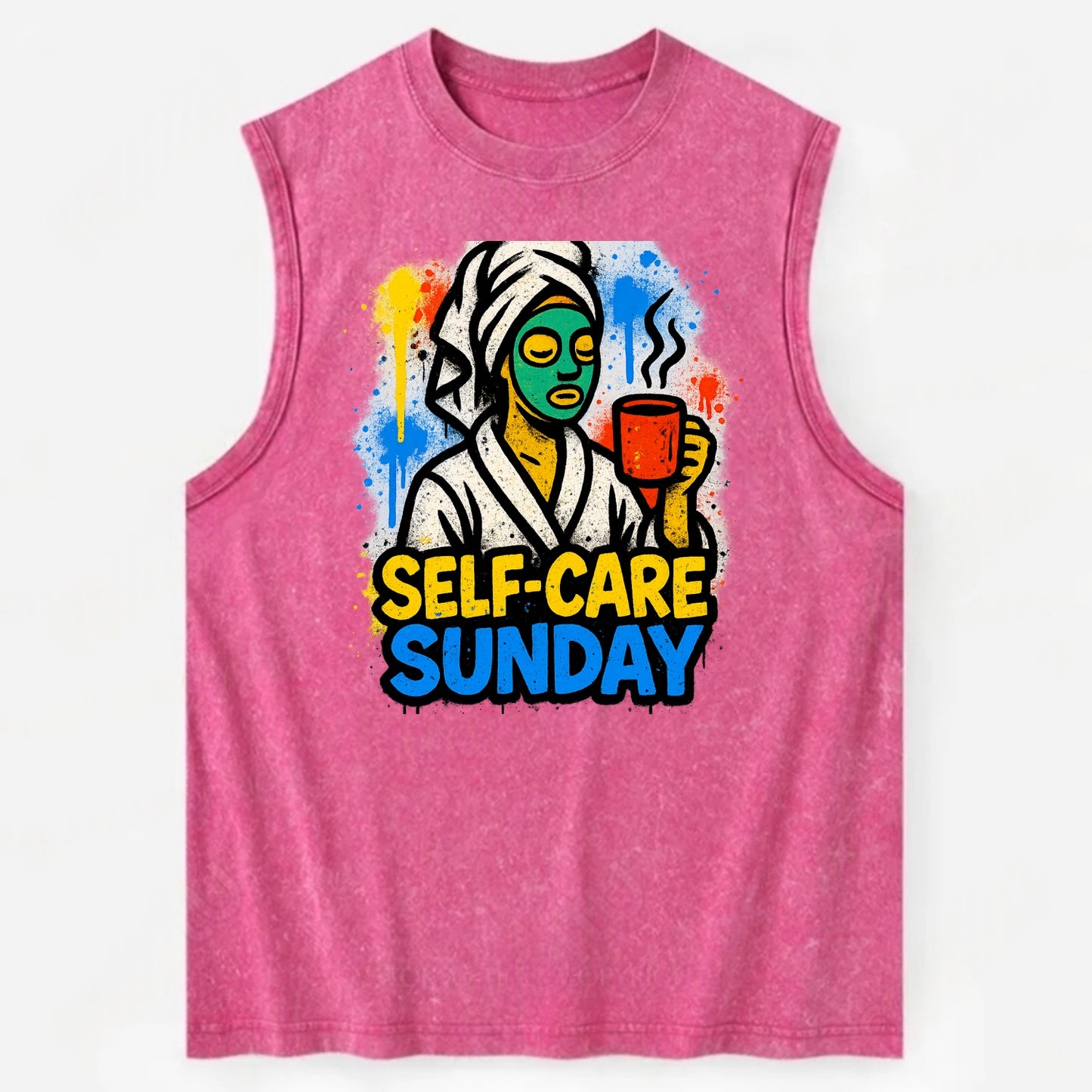 Person in bathrobe with face mask and tea - self-care Sunday ritual, wellness - Vintage Washed Tank - Pink
