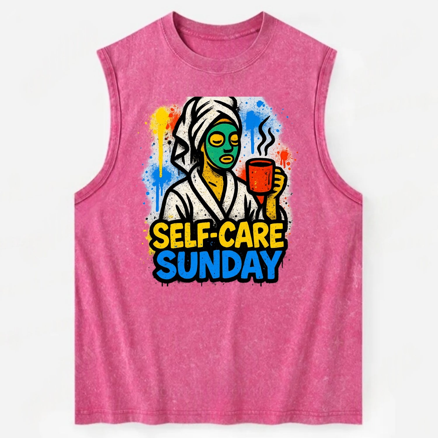 Person in bathrobe with face mask and tea - self-care Sunday ritual, wellness - Vintage Washed Tank - Pink