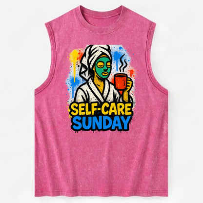 Person in bathrobe with face mask and tea - self-care Sunday ritual, wellness - Vintage Washed Tank - Pink