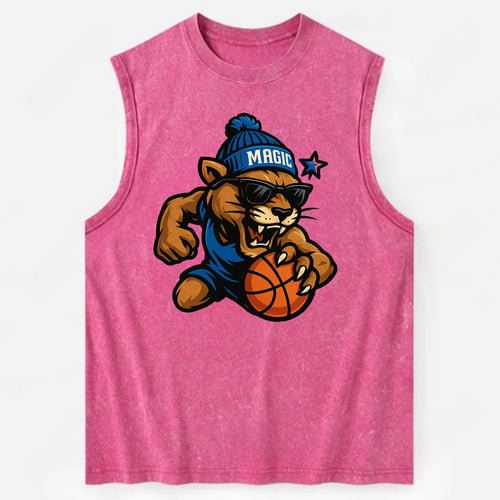 Florida Panther wearing Magic beanie with star wand patch and wayfarer - Vintage Washed Tank