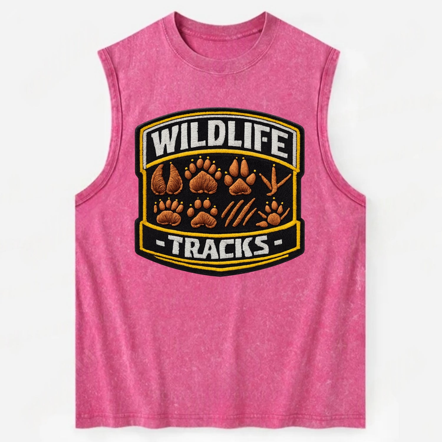 WILDLIFE TRACKS - animal footprints in brown , tracker - Vintage Washed Tank - Pink