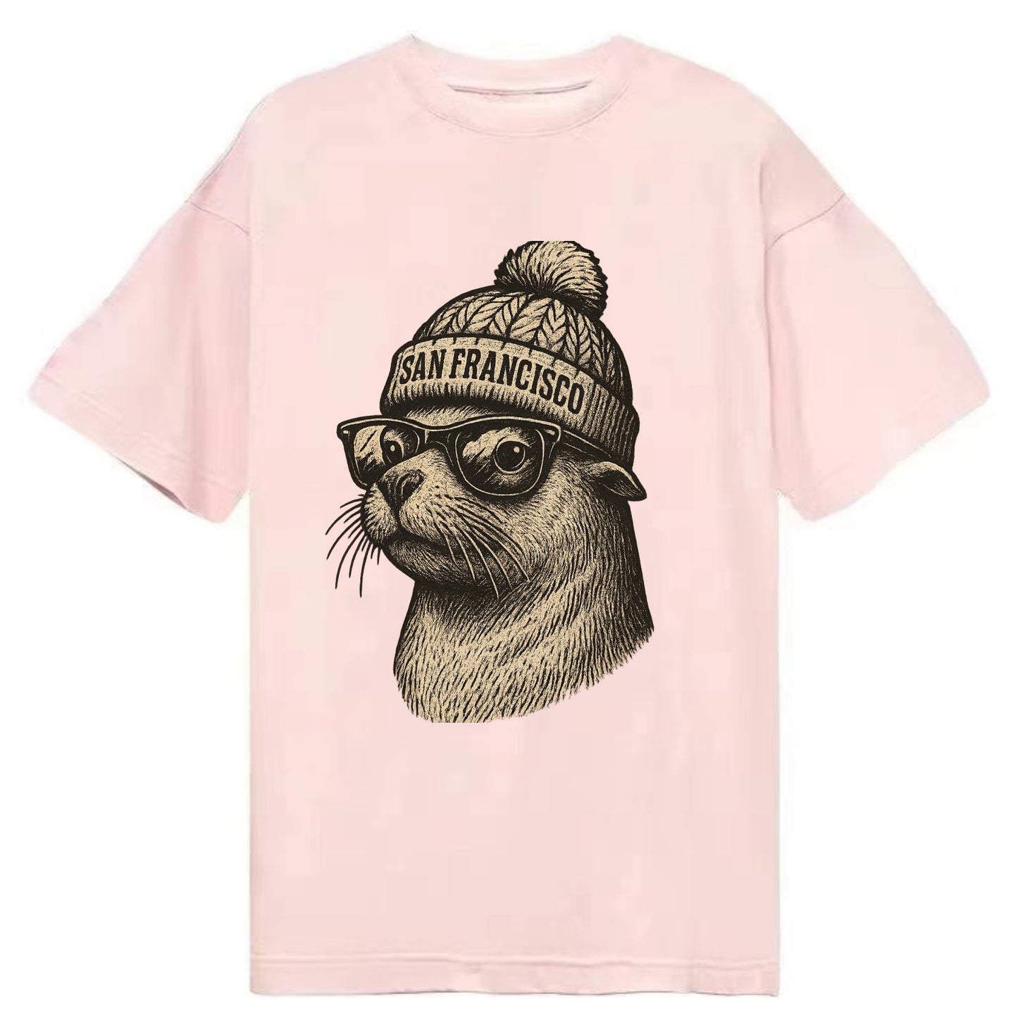 San Francisco Sea Lion wearing San Francisco beanie with pom pom and wayfarer - Classic T-shirt - Pink