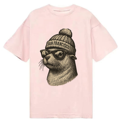 San Francisco Sea Lion wearing San Francisco beanie with pom pom and wayfarer - Classic T-shirt - Pink