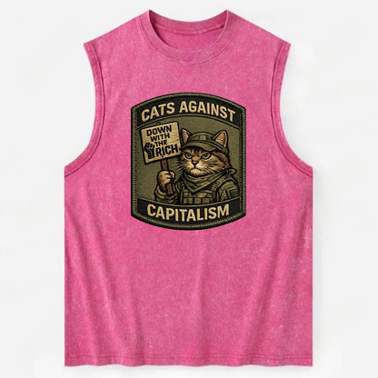 CATS AGAINST CAPITALISM - cat with protest sign in red , political cat - Vintage Washed Tank - Pink