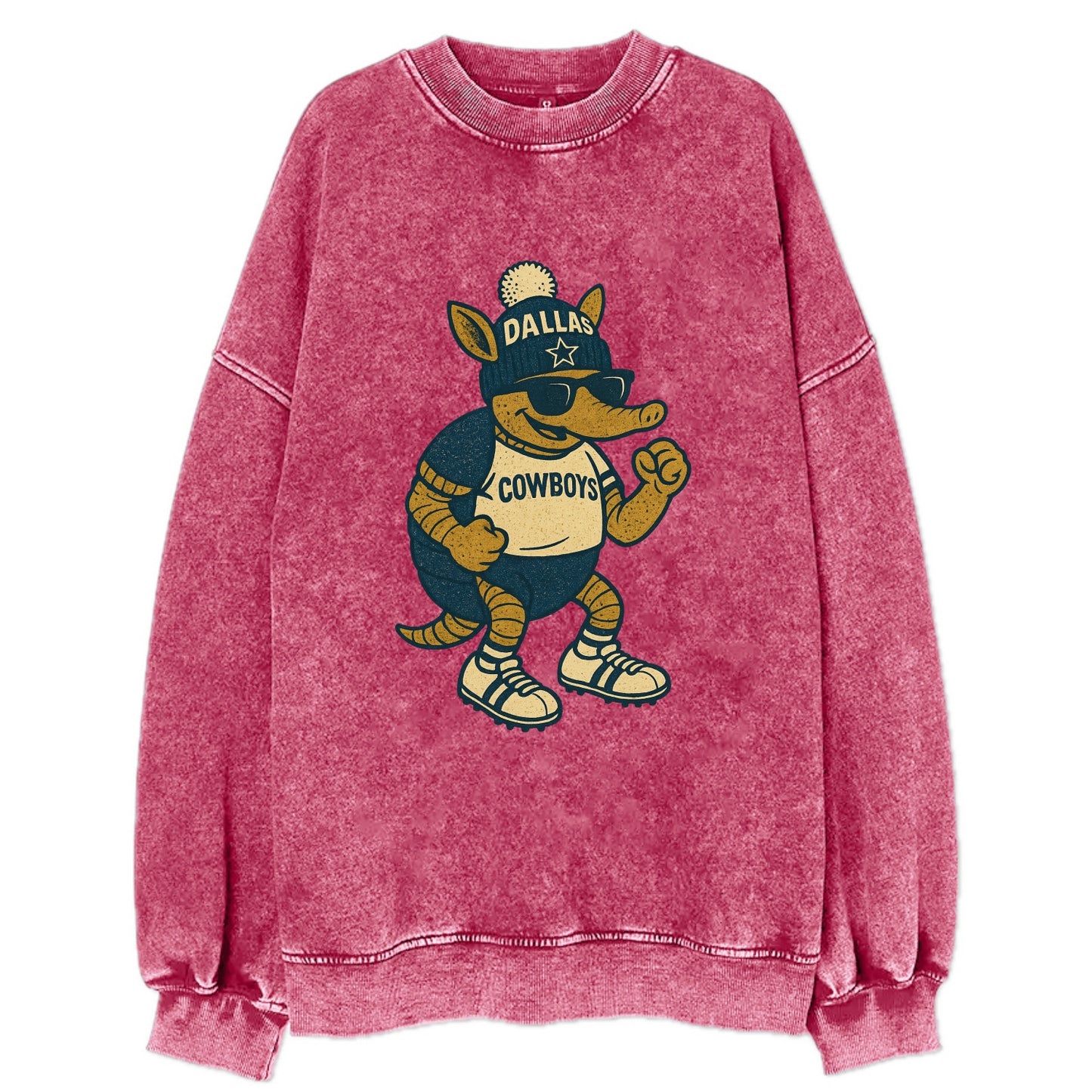 Dallas Armadillo wearing Cowboys beanie with lone star patch and wayfarer - Vintage Sweatshirt - Pink