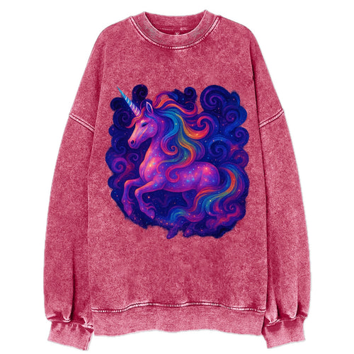 Magical unicorn with flowing rainbow gradient mane, iridescent horn with - Vintage Sweatshirt