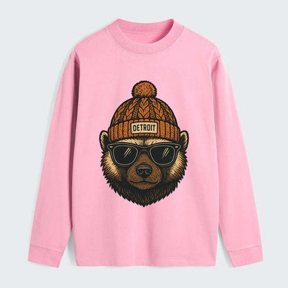Detroit Wolverine wearing Detroit beanie with pom pom and wayfarer - Classic Long Sleeve Shirt - Pink