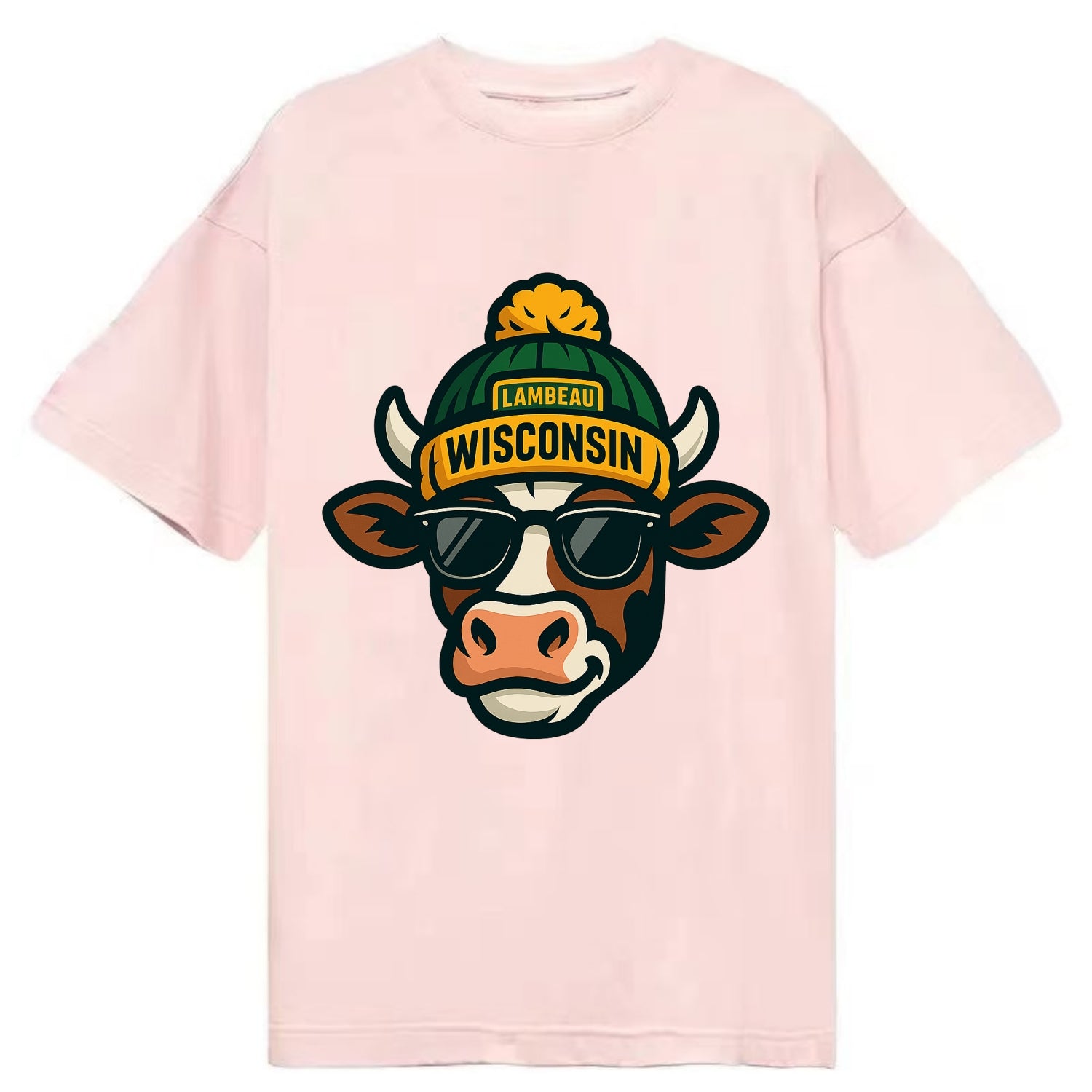 Wisconsin Cow wearing Packers beanie with Lambeau patch and wayfarer sunglasses - Classic T-shirt - Pink