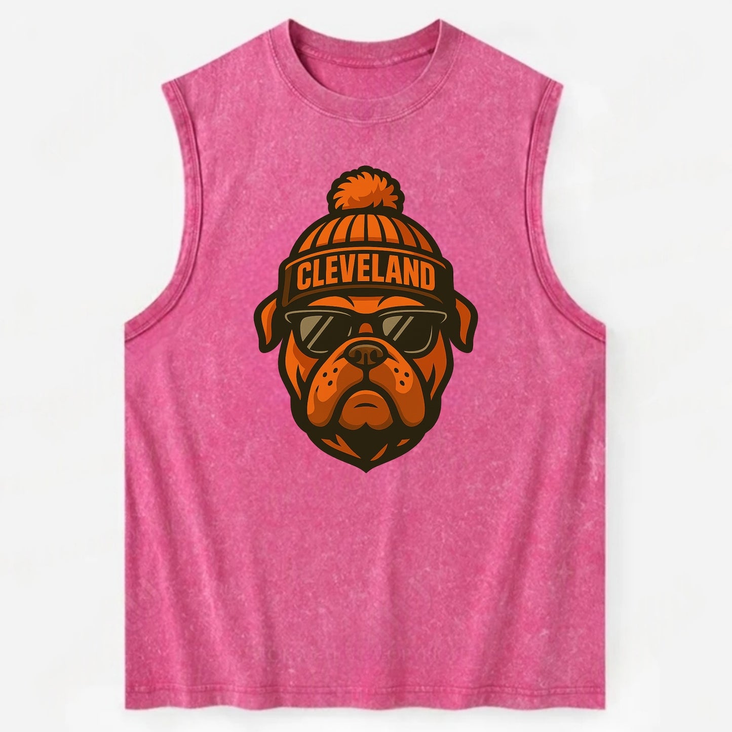 Cleveland Bulldog wearing Browns orange and brown beanie with pom pom and - Vintage Washed Tank - Pink