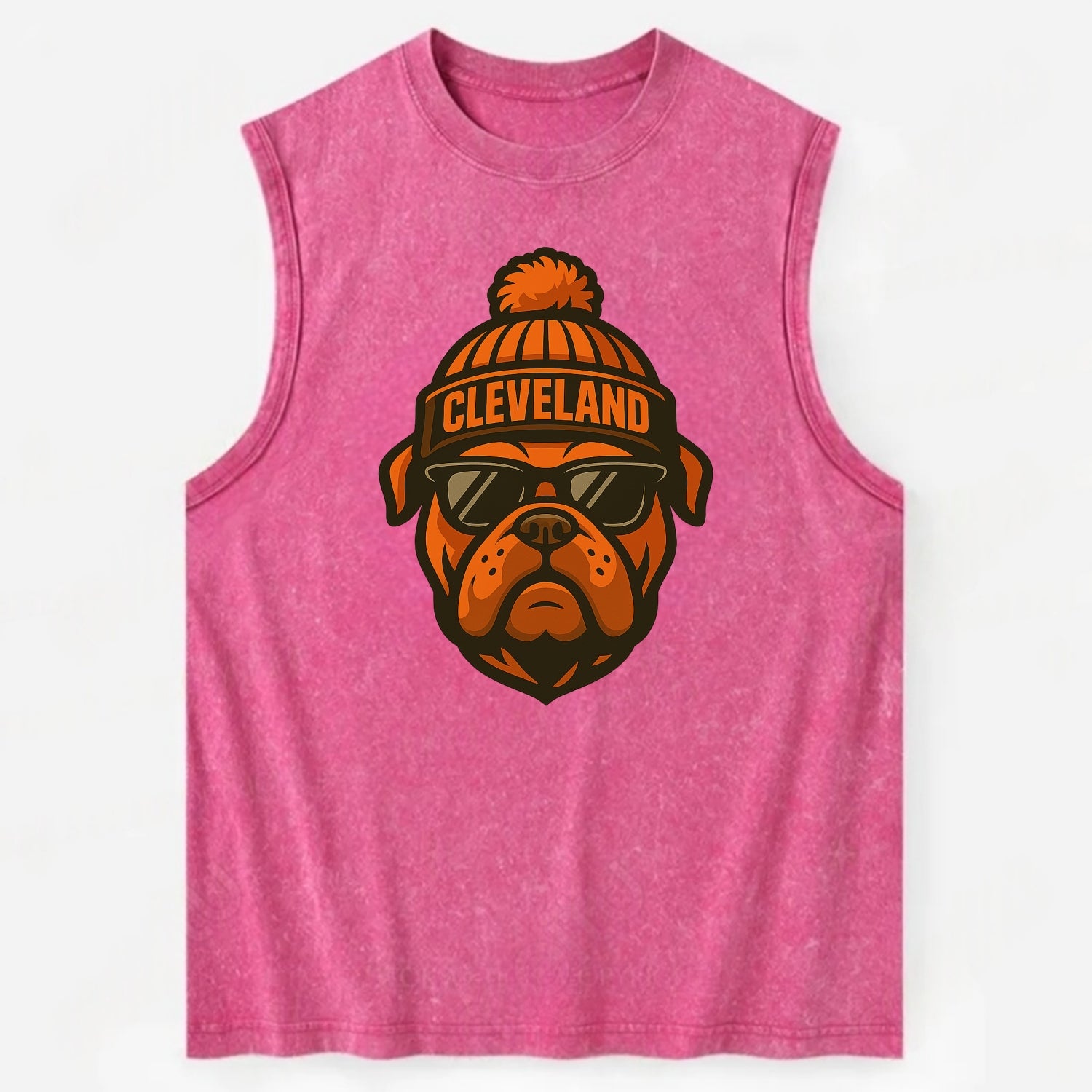 Cleveland Bulldog wearing Browns orange and brown beanie with pom pom and - Vintage Washed Tank - Pink