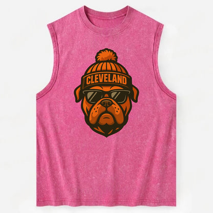Cleveland Bulldog wearing Browns orange and brown beanie with pom pom and - Vintage Washed Tank - Pink