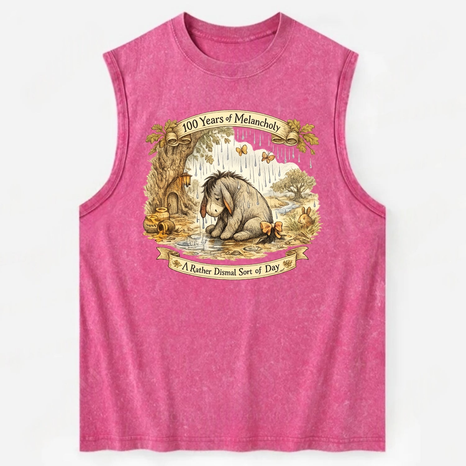 GLOOMY GLEN | Droopy figure in rain | Tattered tail bow | Pessimistic poetry - Vintage Washed Tank - Pink