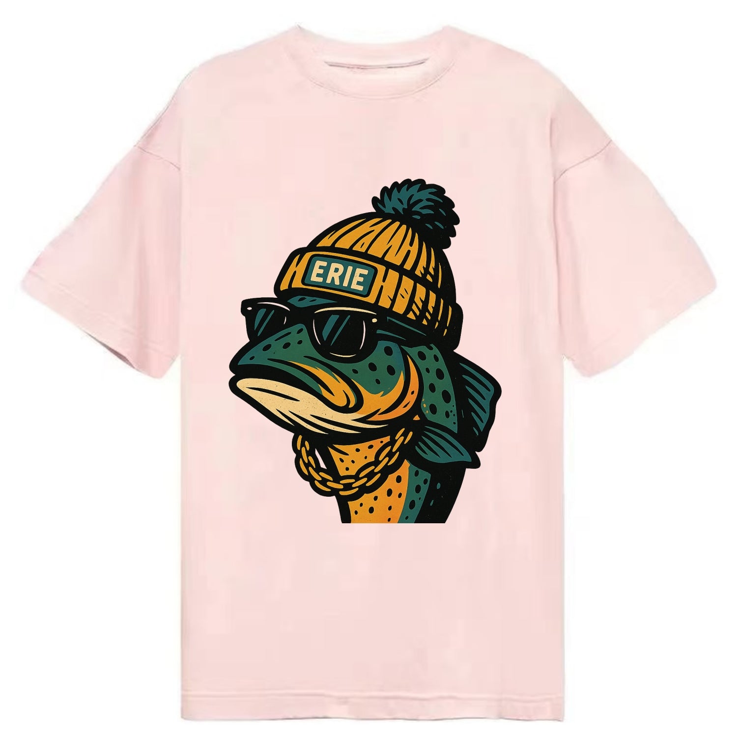 Erie Lake Trout wearing Erie beanie with pom pom and wayfarer sunglasses - Classic T-shirt - Pink