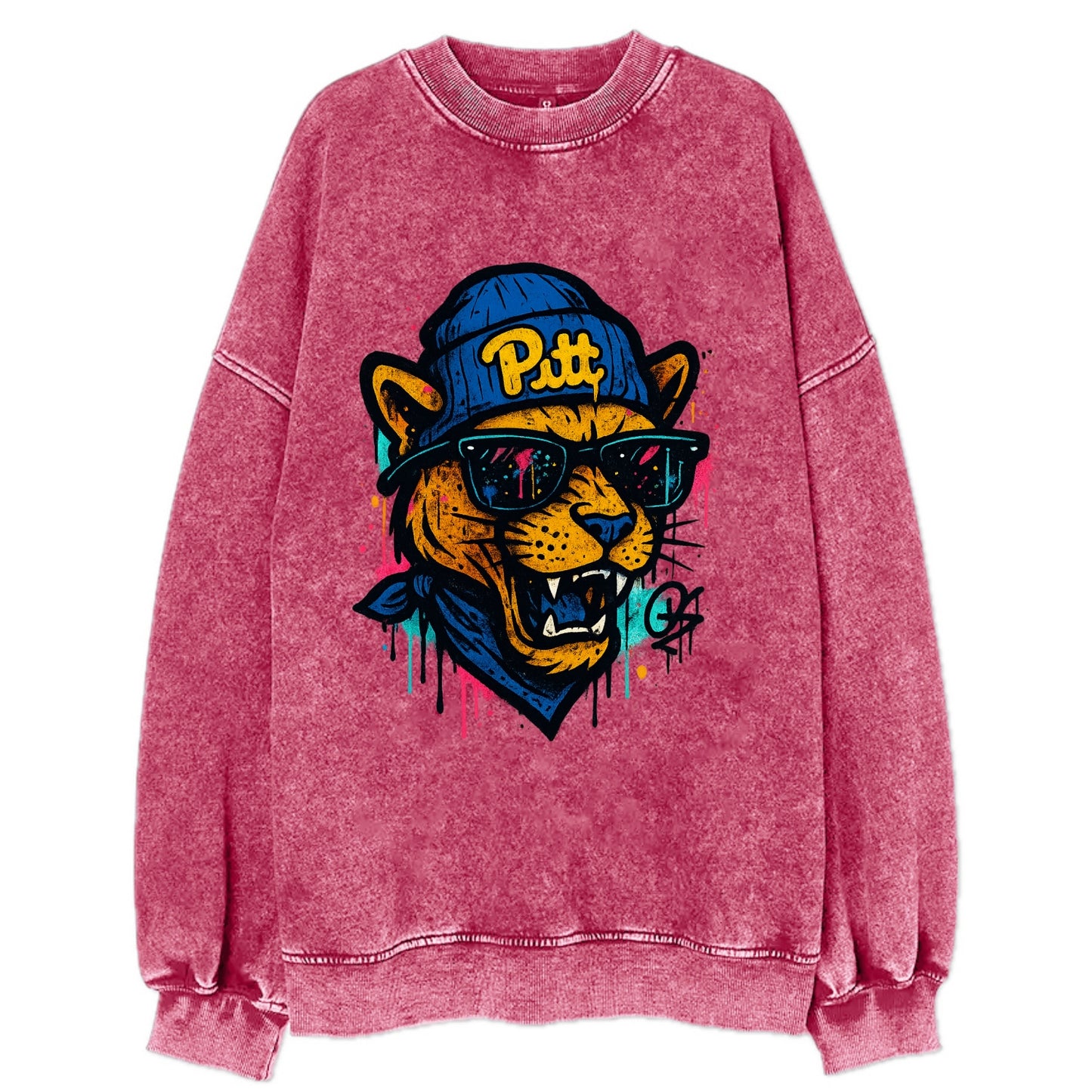 Pittsburgh Panther wearing Pitt beanie with script patch - Vintage Sweatshirt - Pink