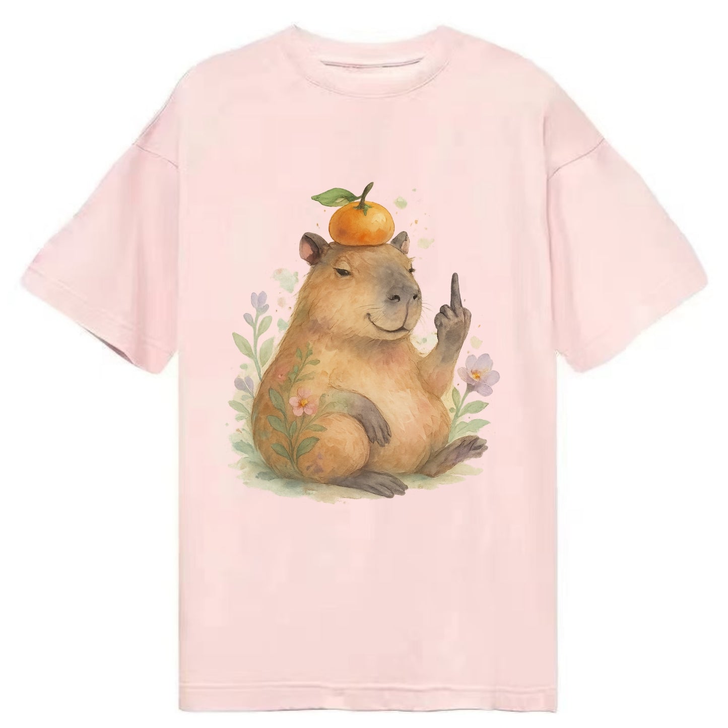 chonky capybara relaxing with orange on head, one webbed middle finger up - Classic T-shirt - Pink