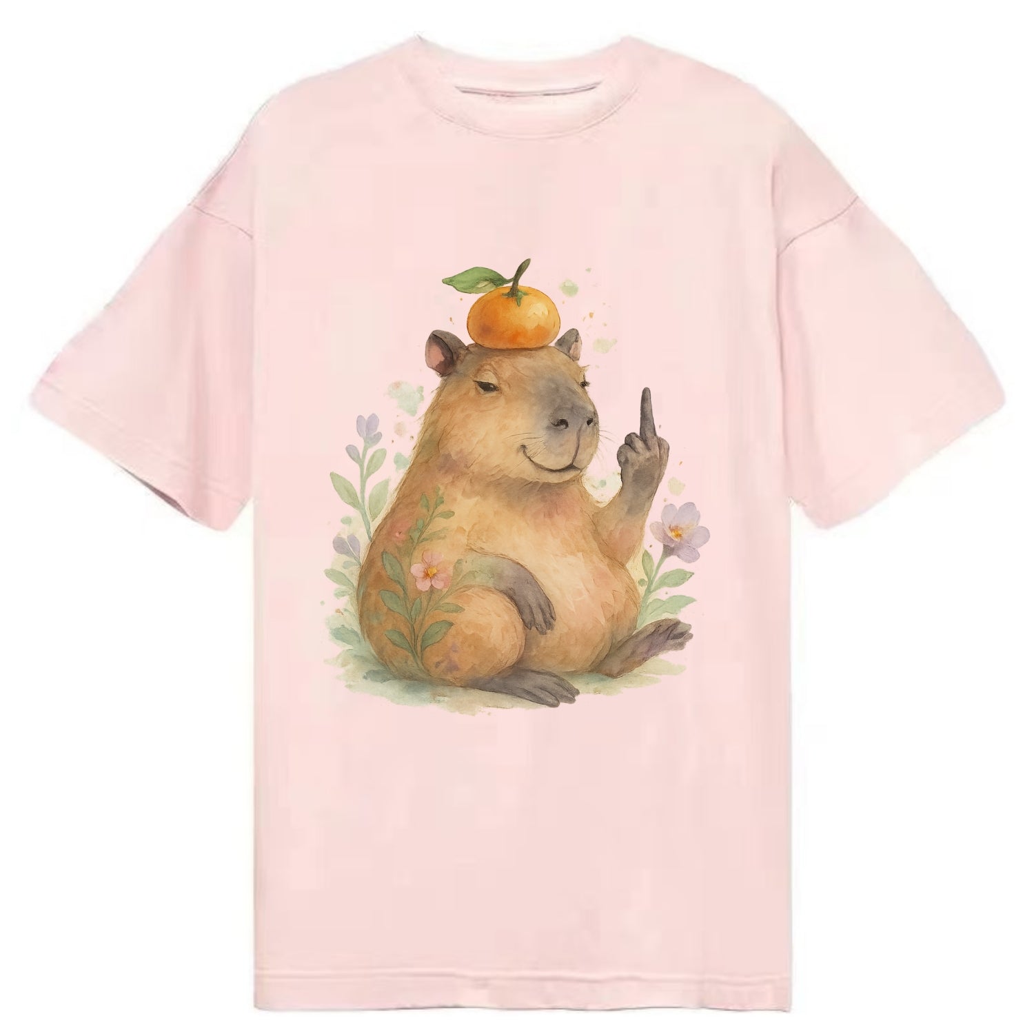chonky capybara relaxing with orange on head, one webbed middle finger up - Classic T-shirt - Pink