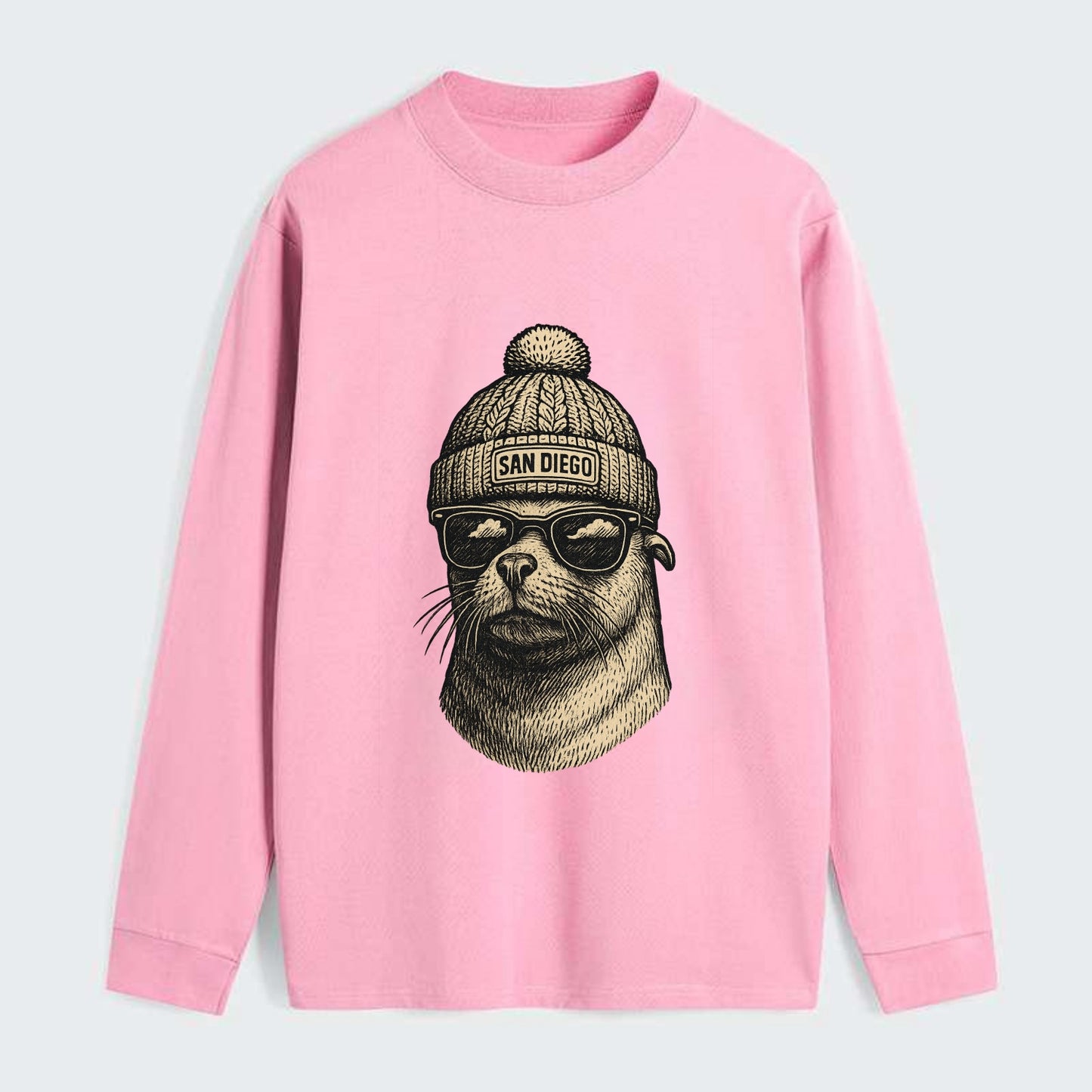 San Diego Sea Lion wearing San Diego beanie with pom pom and wayfarer - Classic Long Sleeve Shirt - Pink
