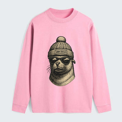 San Diego Sea Lion wearing San Diego beanie with pom pom and wayfarer - Classic Long Sleeve Shirt - Pink
