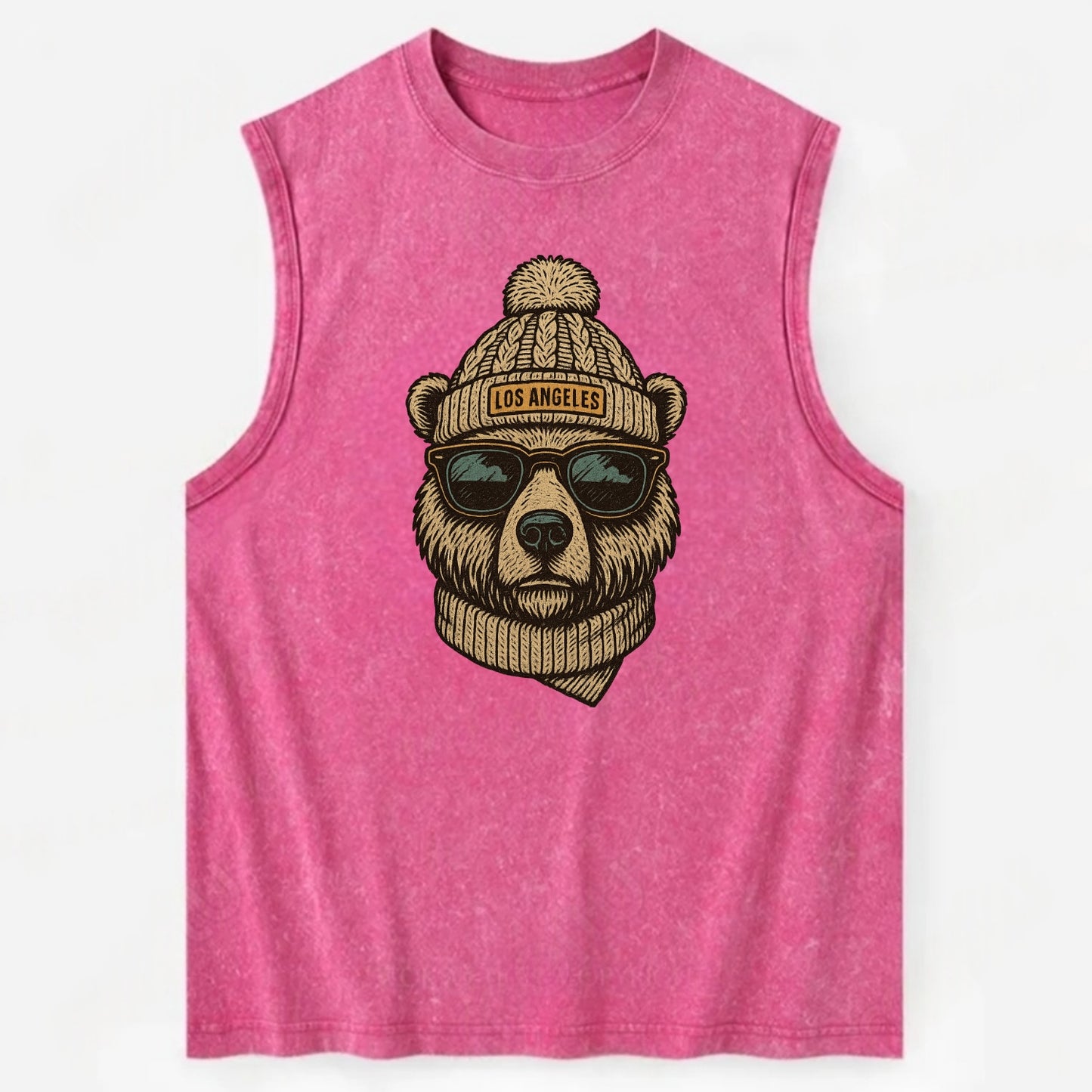 California Grizzly Bear wearing Los Angeles beanie with pom pom and wayfarer - Vintage Washed Tank - Pink