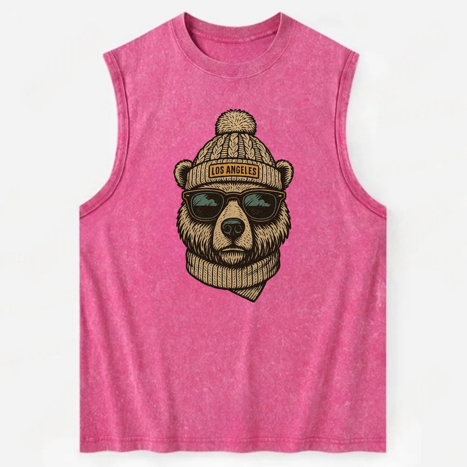 California Grizzly Bear wearing Los Angeles beanie with pom pom and wayfarer - Vintage Washed Tank - Pink