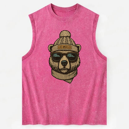 California Grizzly Bear wearing Los Angeles beanie with pom pom and wayfarer - Vintage Washed Tank - Pink