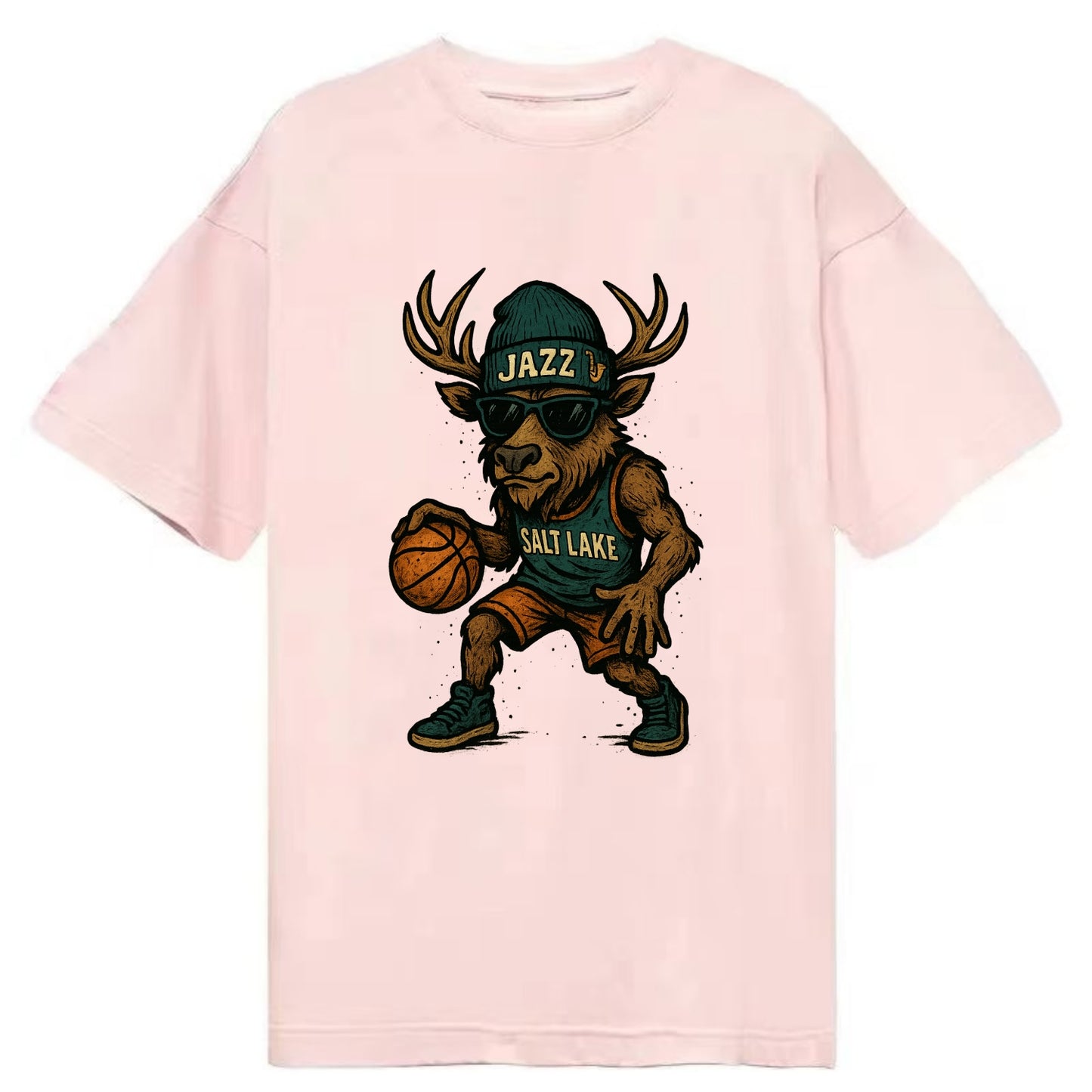 Salt Lake Elk wearing Jazz beanie with saxophone patch and wayfarer sunglasses - Classic T-shirt - Pink