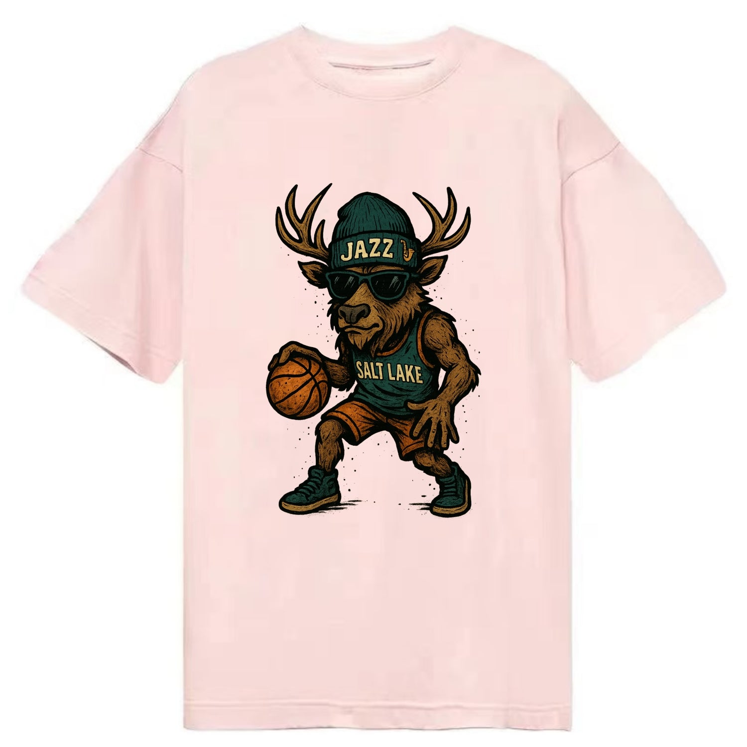 Salt Lake Elk wearing Jazz beanie with saxophone patch and wayfarer sunglasses - Classic T-shirt - Pink