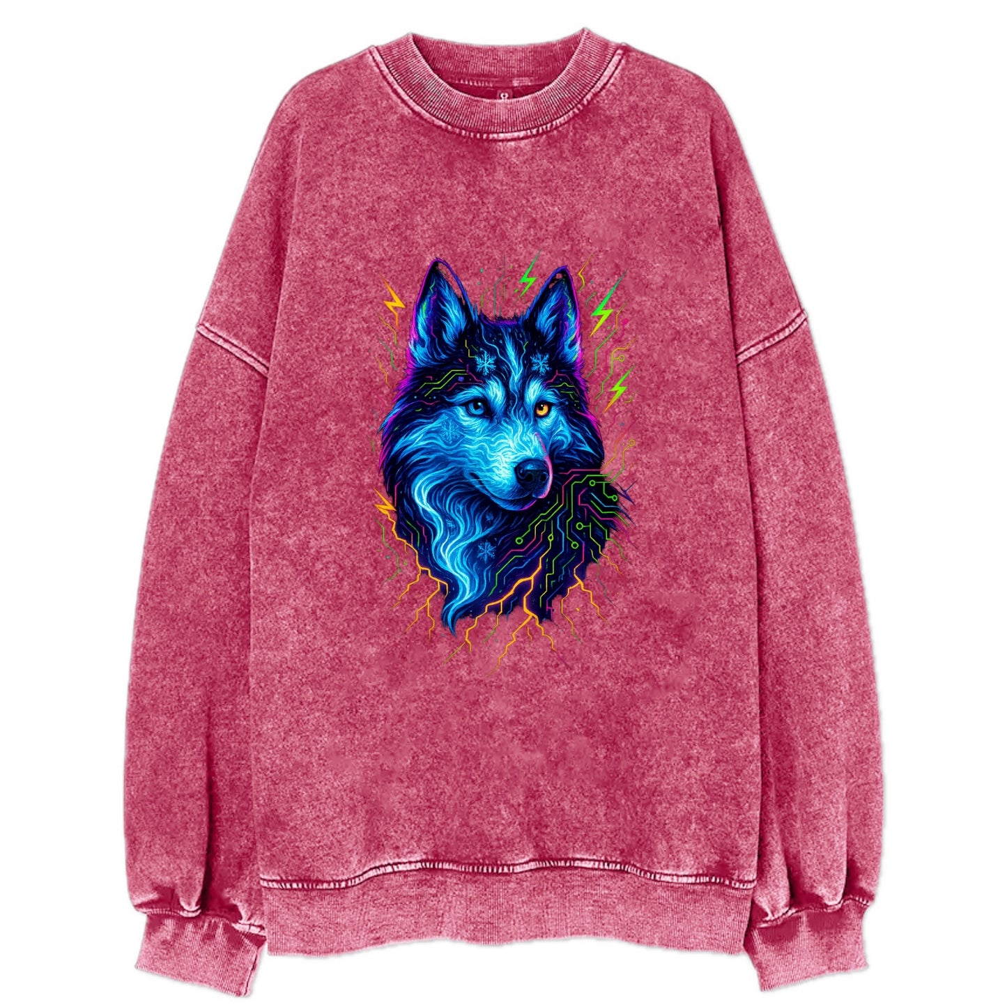 Siberian husky with ice-crystal flowing patterns, electric blue and white - Vintage Sweatshirt - Pink