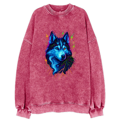 Siberian husky with ice-crystal flowing patterns, electric blue and white - Vintage Sweatshirt - Pink