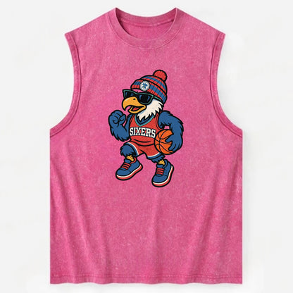 Philadelphia Eagle wearing 76ers red white and blue beanie with bell patch - Vintage Washed Tank - Pink