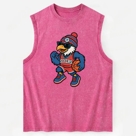 Philadelphia Eagle wearing 76ers red white and blue beanie with bell patch - Vintage Washed Tank - Pink