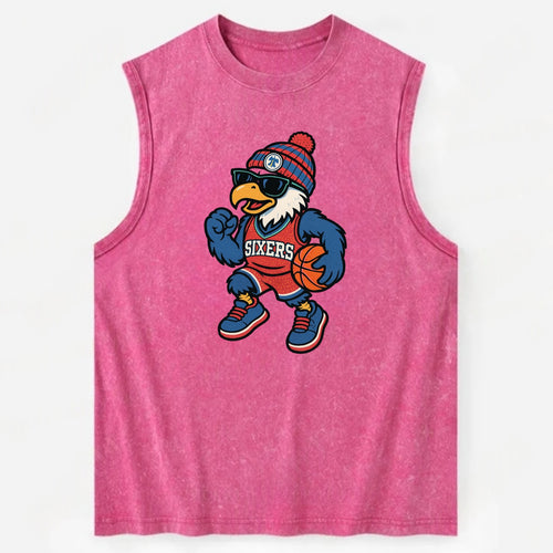 Philadelphia Eagle wearing 76ers red white and blue beanie with bell patch - Vintage Washed Tank