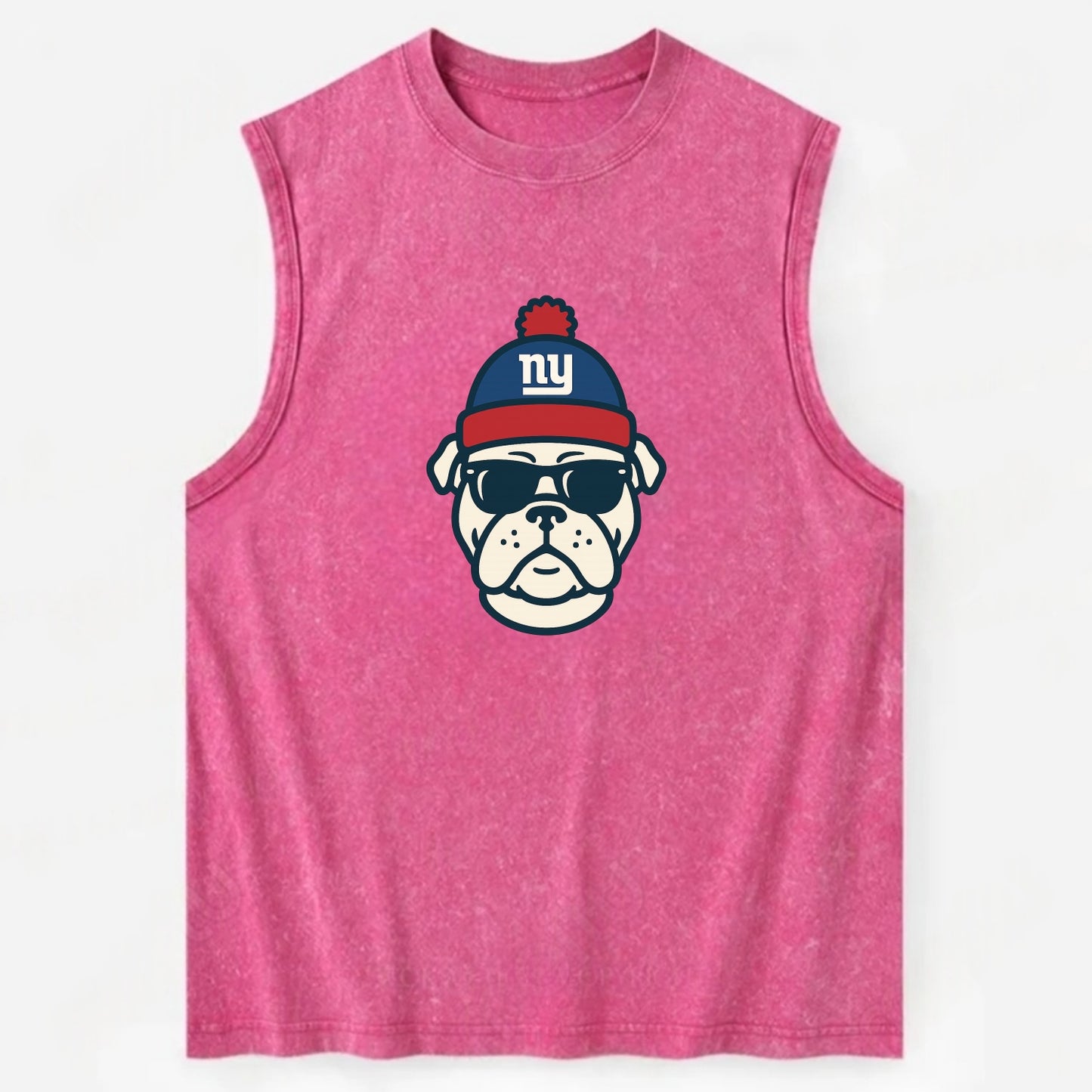 New York Bulldog wearing Giants blue and red beanie with pom pom and wayfarer - Vintage Washed Tank - Pink